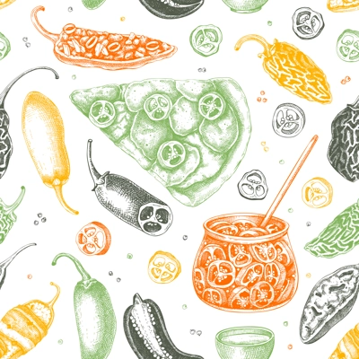 Mexican cuisine background. Ripe jalapeno chili pepper sketches. Hot spice seamless pattern. Healthy food hand drawn vector illustration. Jalapeno slices, seeds, chipotle for packaging, menu, fabric.